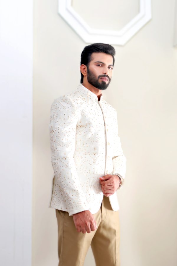 White Self Embroidered Prince Coat with Kora Dabka Touch