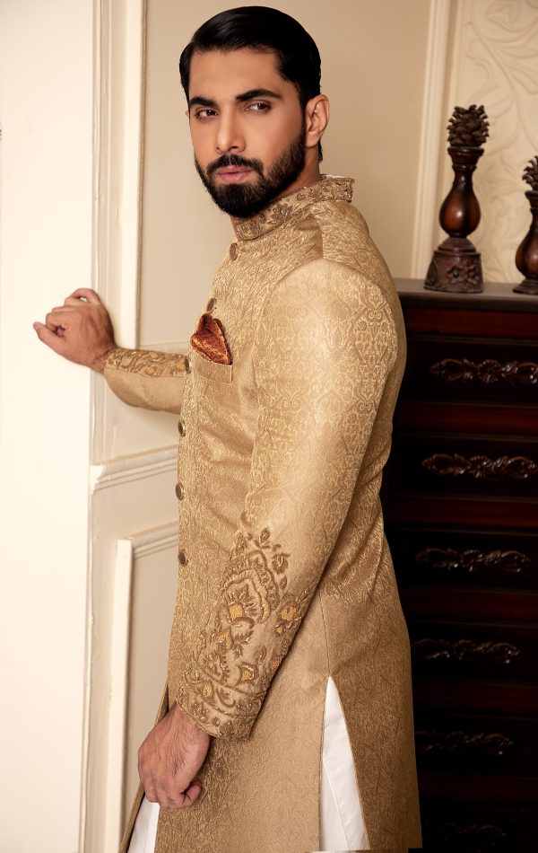 Golden Jamawar Sherwani with Hand Embroidery (Paired with Turban & Khussa) - Image 3