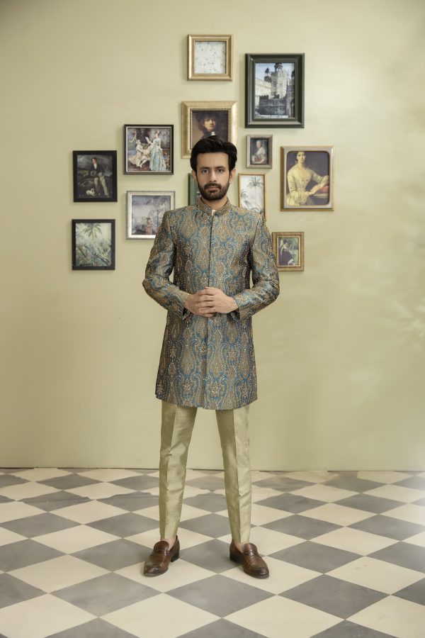 Atlas Jamawar Sherwani with Hand Embroidered Patterns - Image 3