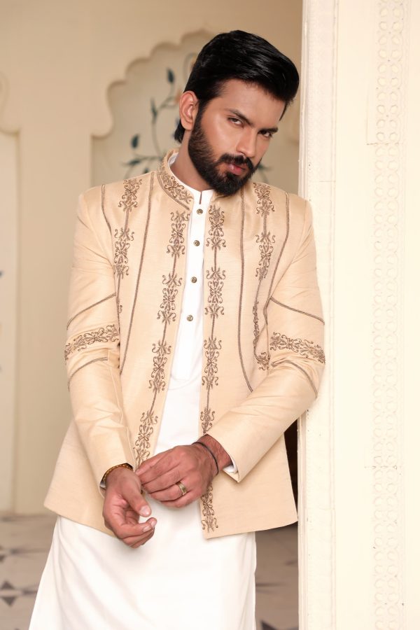 Front Open Skin Color Prince Coat with Kora Dabka Embroidery