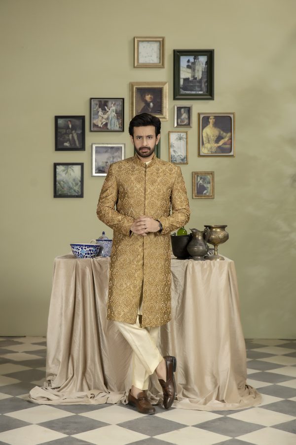 Dark Golden Sherwani with Beads Embellishment on Silk Base