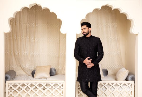 Black Self Embroidered Sherwani with Beads and Kora Dabka Work - Image 4