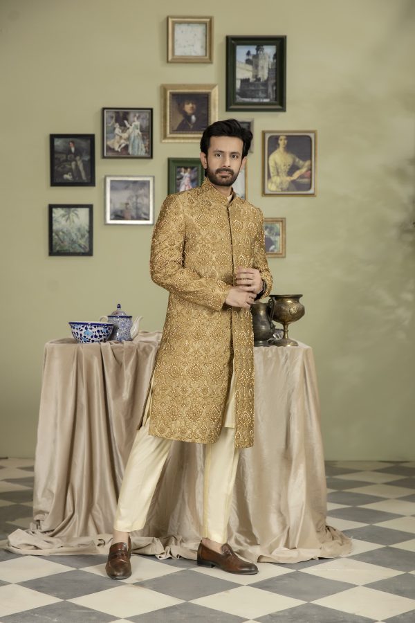 Dark Golden Sherwani with Beads Embellishment on Silk Base - Image 2