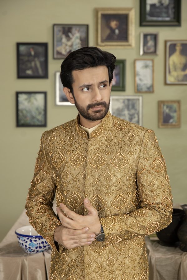 Dark Golden Sherwani with Beads Embellishment on Silk Base - Image 3