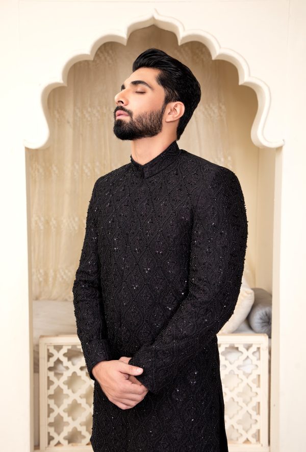 Black Self Embroidered Sherwani with Beads and Kora Dabka Work - Image 3