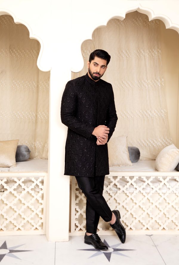 Black Self Embroidered Sherwani with Beads and Kora Dabka Work - Image 2