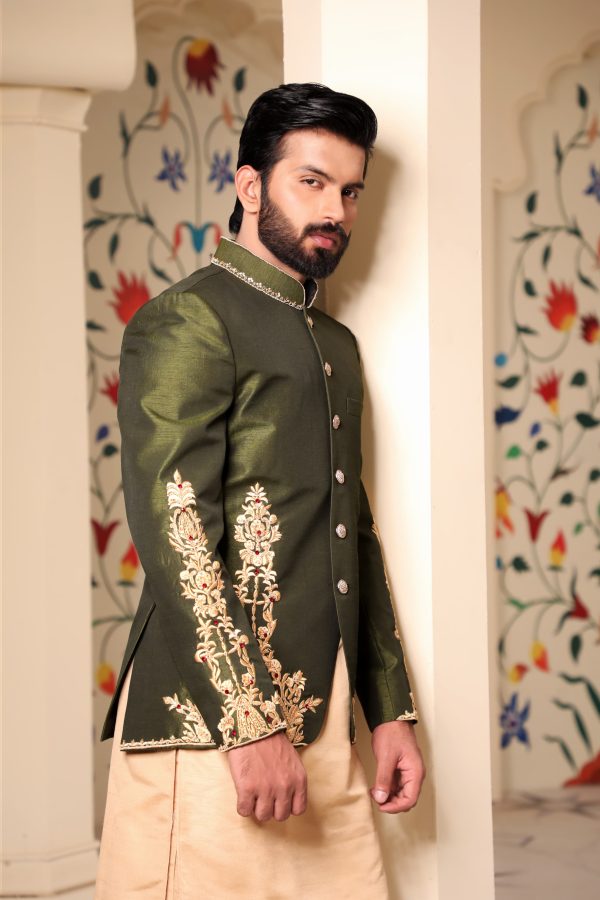 Dark Green Raw Silk Prince Coat with Hand Embroidery - Image 2