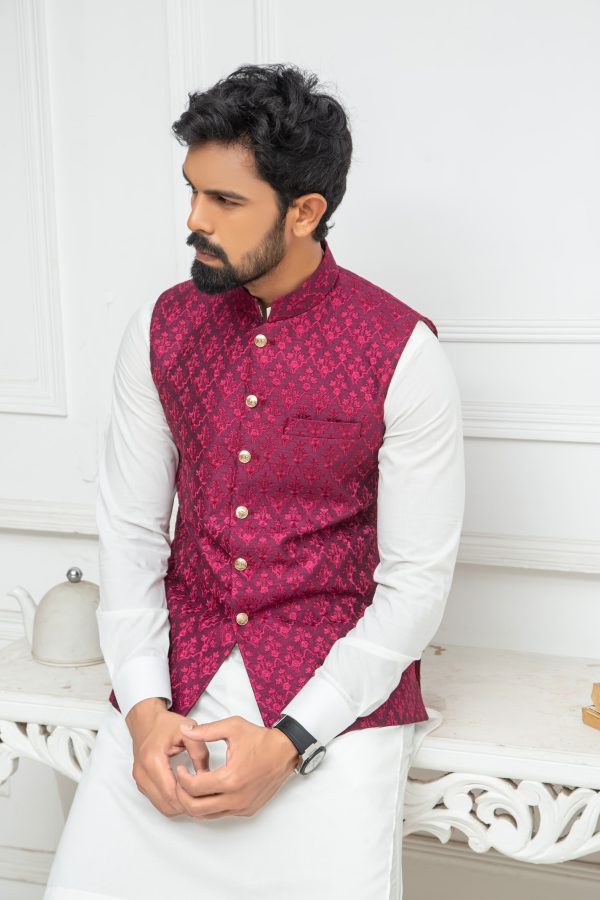 Magenta Machine Embroidered Waistcoat - Image 3