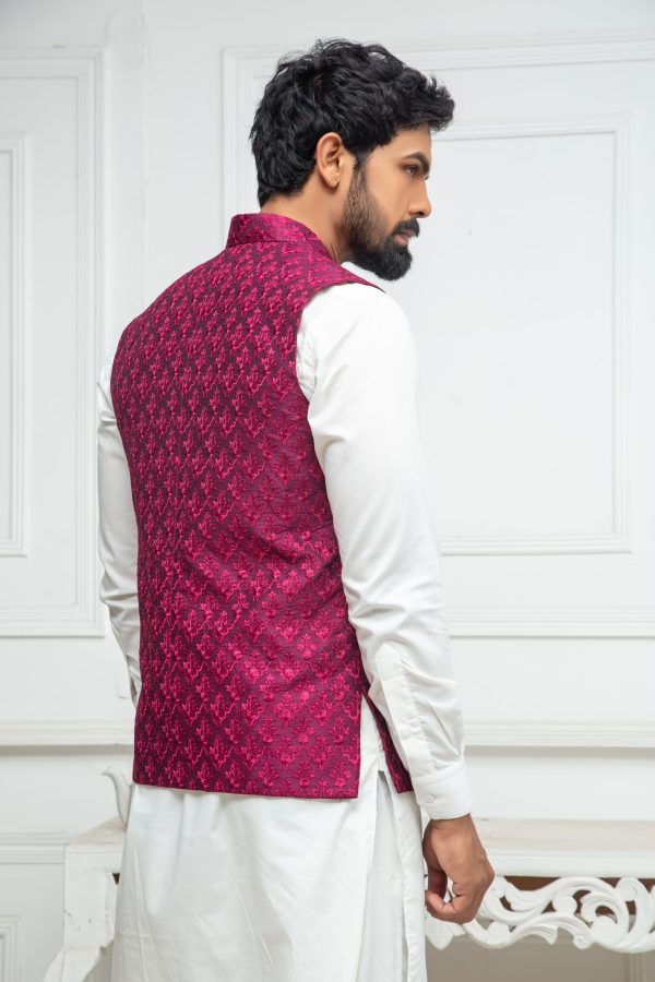 Magenta Machine Embroidered Waistcoat - Image 2