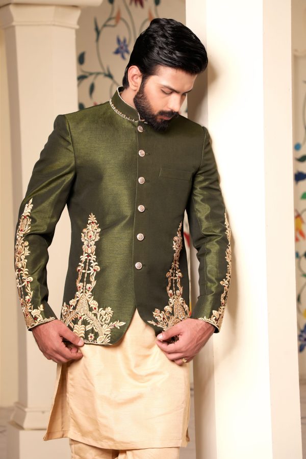 Dark Green Raw Silk Prince Coat with Hand Embroidery - Image 3