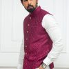 Magenta Machine Embroidered Waistcoat