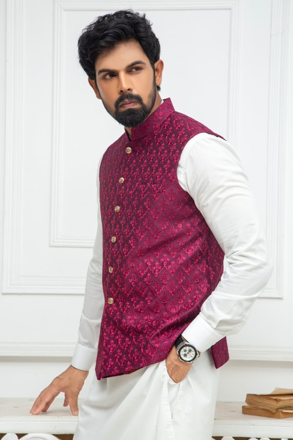 Magenta Machine Embroidered Waistcoat