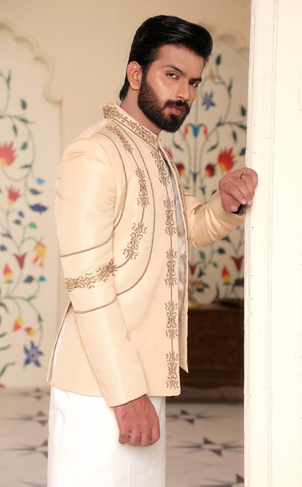 Front Open Skin Color Prince Coat with Kora Dabka Embroidery - Image 2