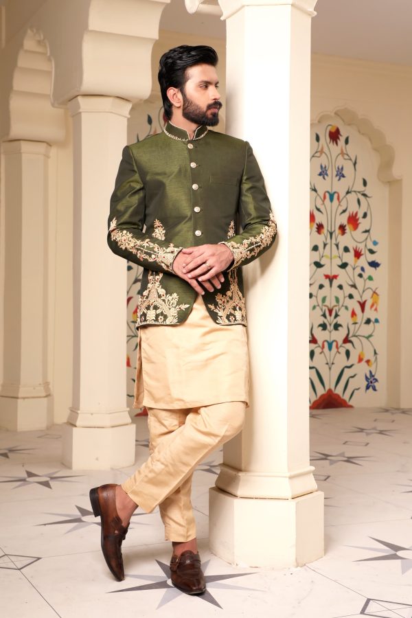 Dark Green Raw Silk Prince Coat with Hand Embroidery