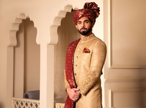 Golden Jamawar Sherwani with Hand Embroidery (Paired with Turban & Khussa)