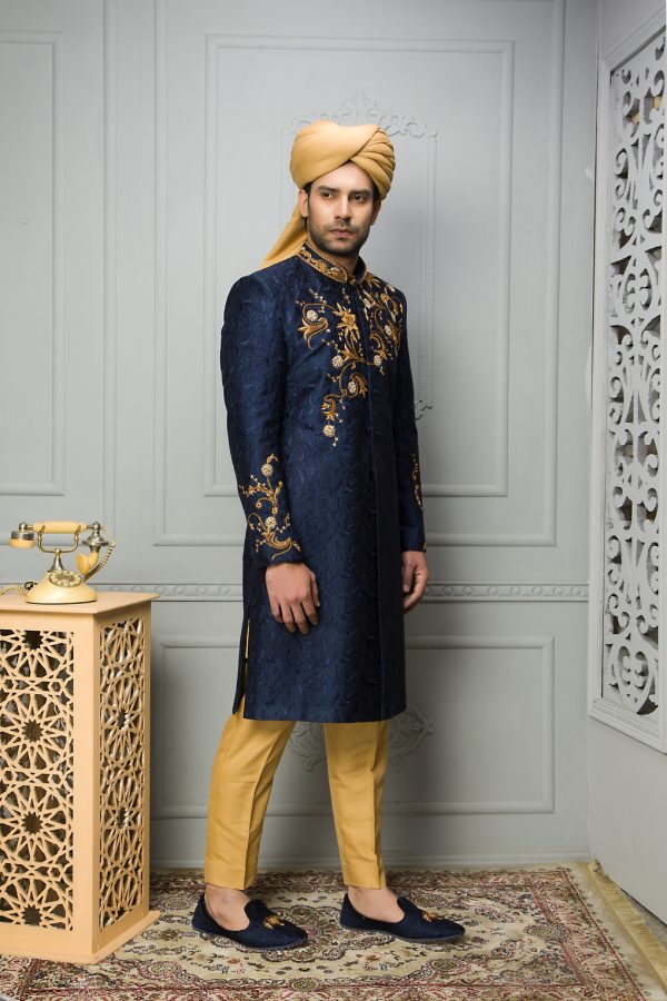 Navy Blue HW Motiff Sherwani