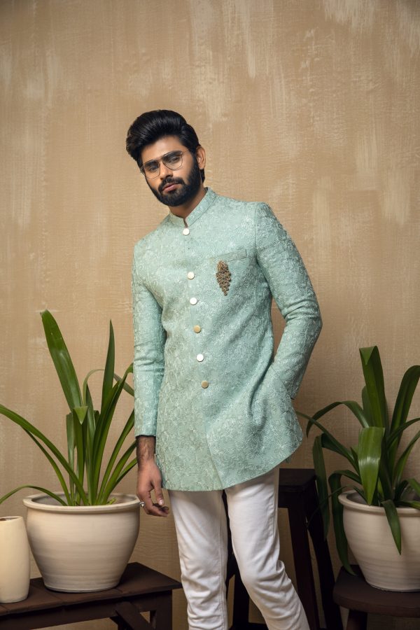 Light Aqua Embroidered Short Sherwani Set